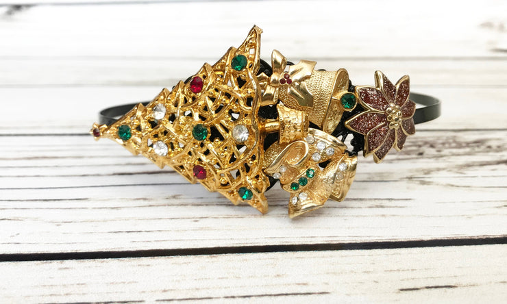 Gold Christmas Tree Poinsettia Bell Vintage Jewelry Collection Headband Bridal Holiday Hair Accessory Side Tiara