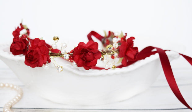 Handcrafted Red Rose Pearl Flower Girl Crown