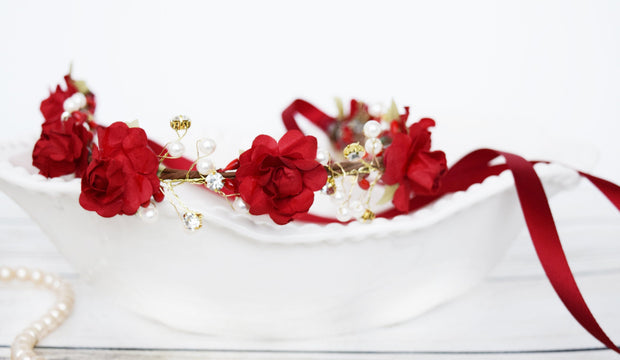 Handcrafted Red Pearl Flower Girl Crown