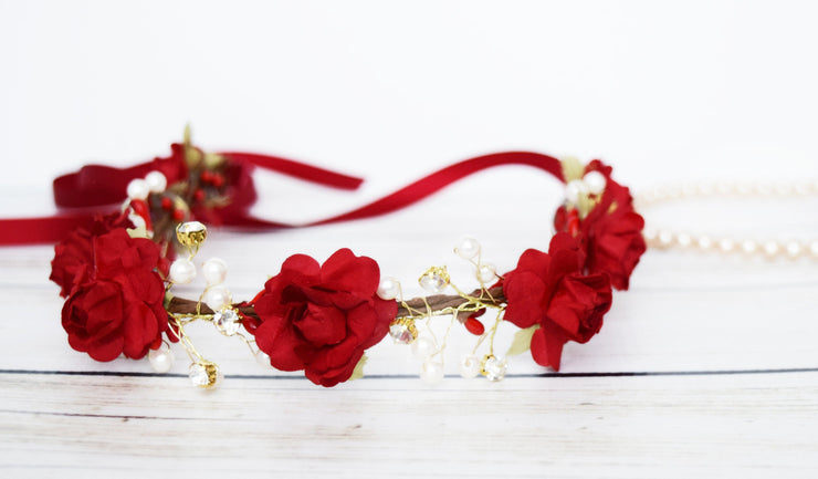 Handcrafted Red Pearl Flower Girl Crown