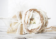 Country Flower Girl Fancy Headband Ivory Gold White Beige Tan Ostrich Feather Over the Top Bows Couture Haute Burlap Headpiece Baby Girl Headpiece Vintage Style