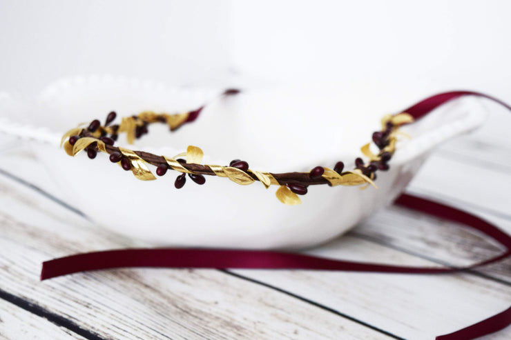 Simple Burgundy and Gold Leaf Goddess Crown Flower Girl Crown Small Floral Headpiece Minimalist Wedding Bridal