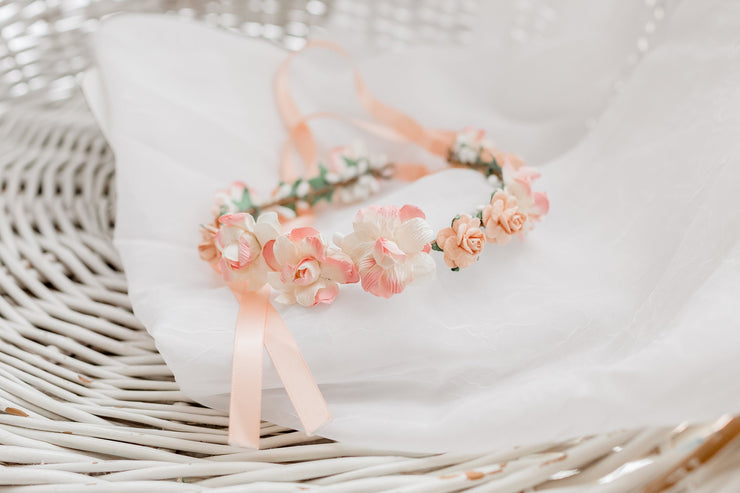 Handcrafted Peach Flower Girl Crown