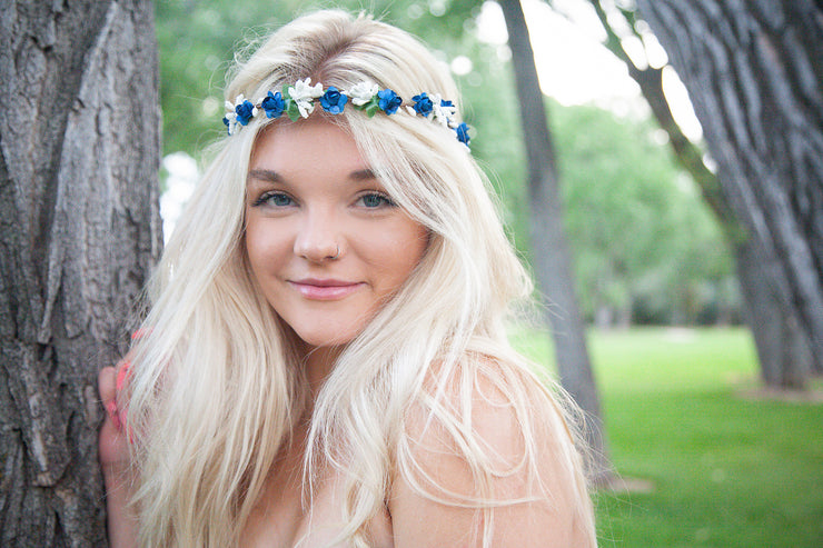 Handcrafted Royal Blue and White Berry Flower Crown
