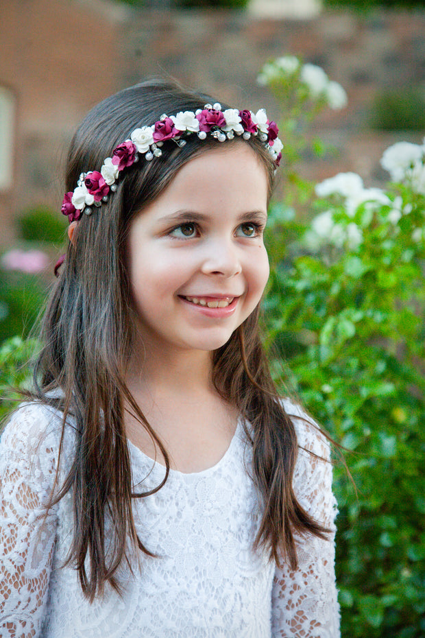 Handcrafted Burgundy and White Pearl Flower Crown