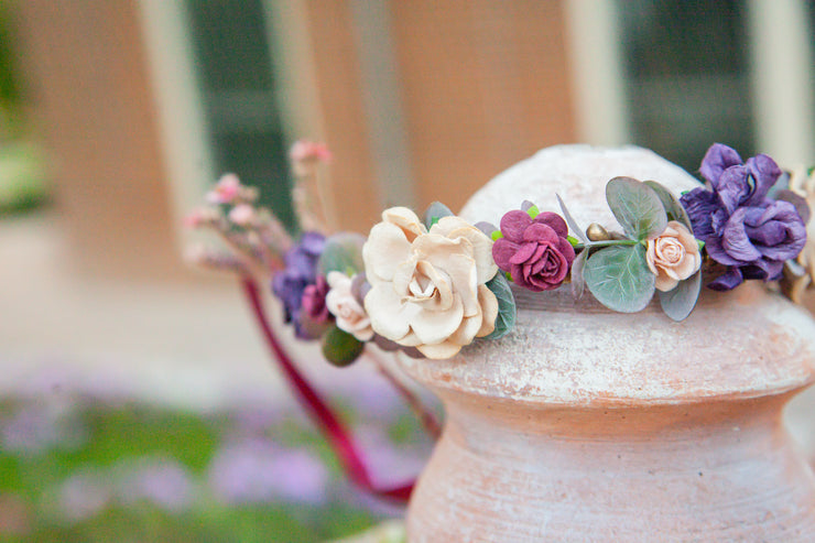 Handcrafted Eucalyptus Plum Tan Blush Flower Girl Crown