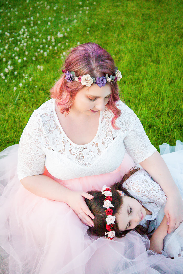 Handcrafted Eucalyptus Plum Tan Blush Flower Girl Crown