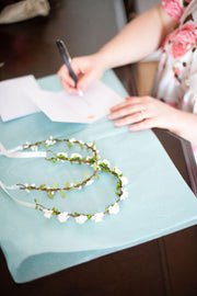 The Pearled Rose Handmade Thank You Cards White Rustic Flower Girl Crowns Roses Aqua Green Wedding Hair Halo
