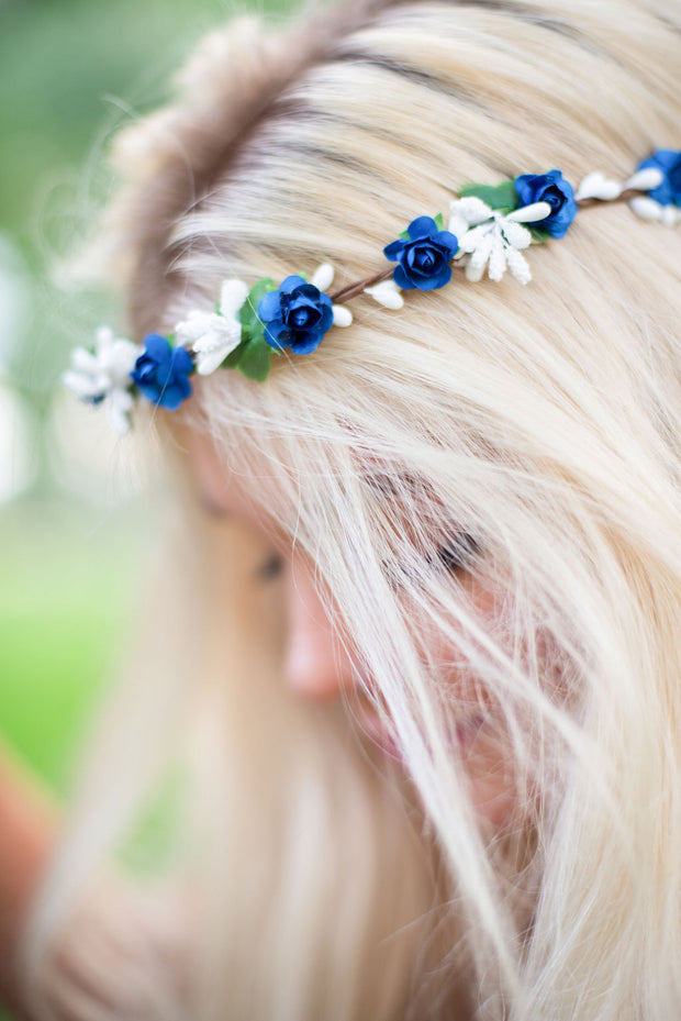 Handcrafted Royal Blue and White Berry Flower Crown