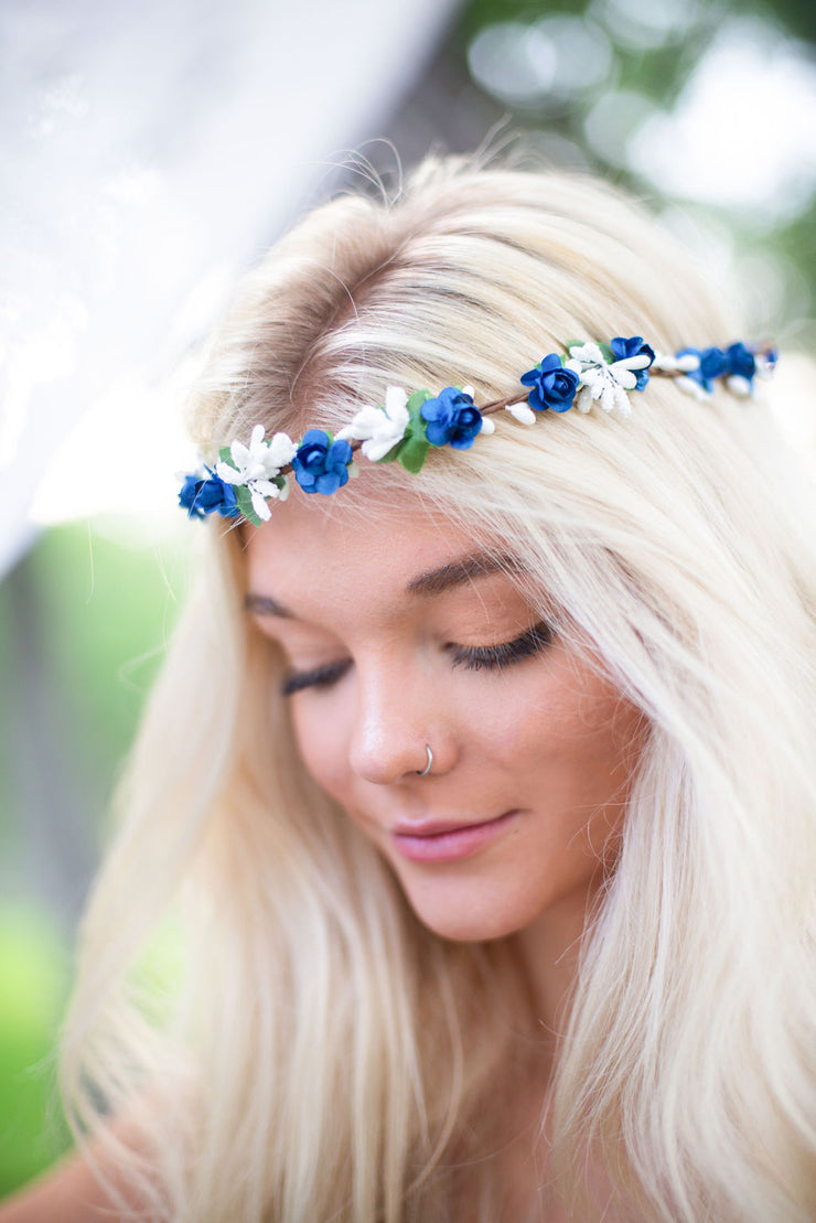 Royal Blue and White Wedding Hair Wreath Small Flower Girl Crown Bridesmaid Accessory Boho Bridal Headband