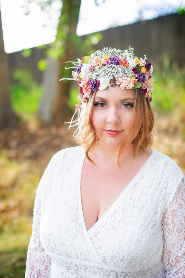The Pearled Rose Flower Crowns Boho Bridal Headpiece Big Flower Crown Vintage Wedding Hair