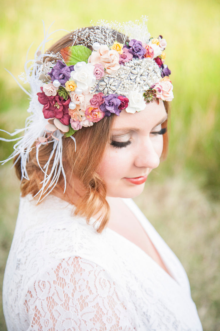 Statement Vintage Bridal Flower Crown Succulent Wedding Hair Wreath Adult Accessory Feather Babys Breath Boho Bride Lace