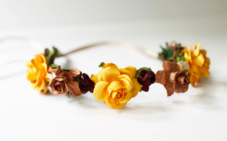 Handcrafted Unique Marigold Copper and Dark Burgundy Flower Crown