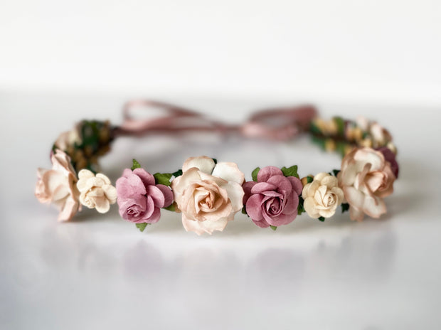 Handcrafted Boho Dusty Rose Blush and Irish Cream Flower Crown