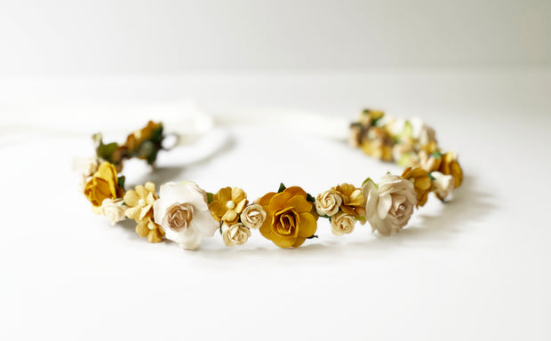 Handcrafted Mustard Champagne and Ivory Flower Crown