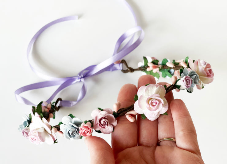 Handcrafted Pastel Lavender, Baby Blue, and Pink Flower Crown