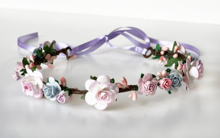 Handcrafted Pastel Lavender, Baby Blue, and Pink Flower Crown