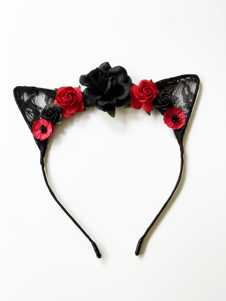 Handcrafted Red and Black Cat Ears Headband