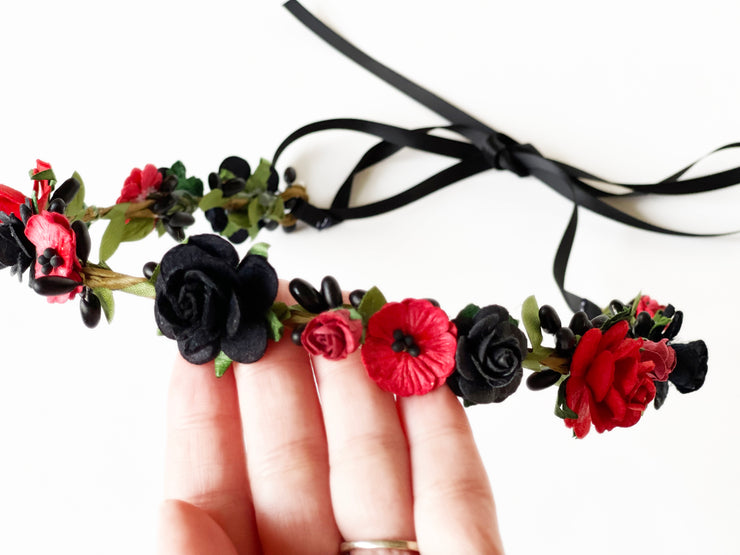 Handcrafted Small Red and Black Flower Crown